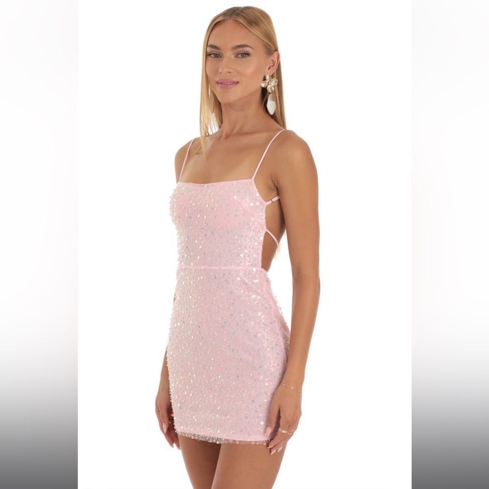Lucy in the Sky LA mini sequin dress in pink with open lace up back
